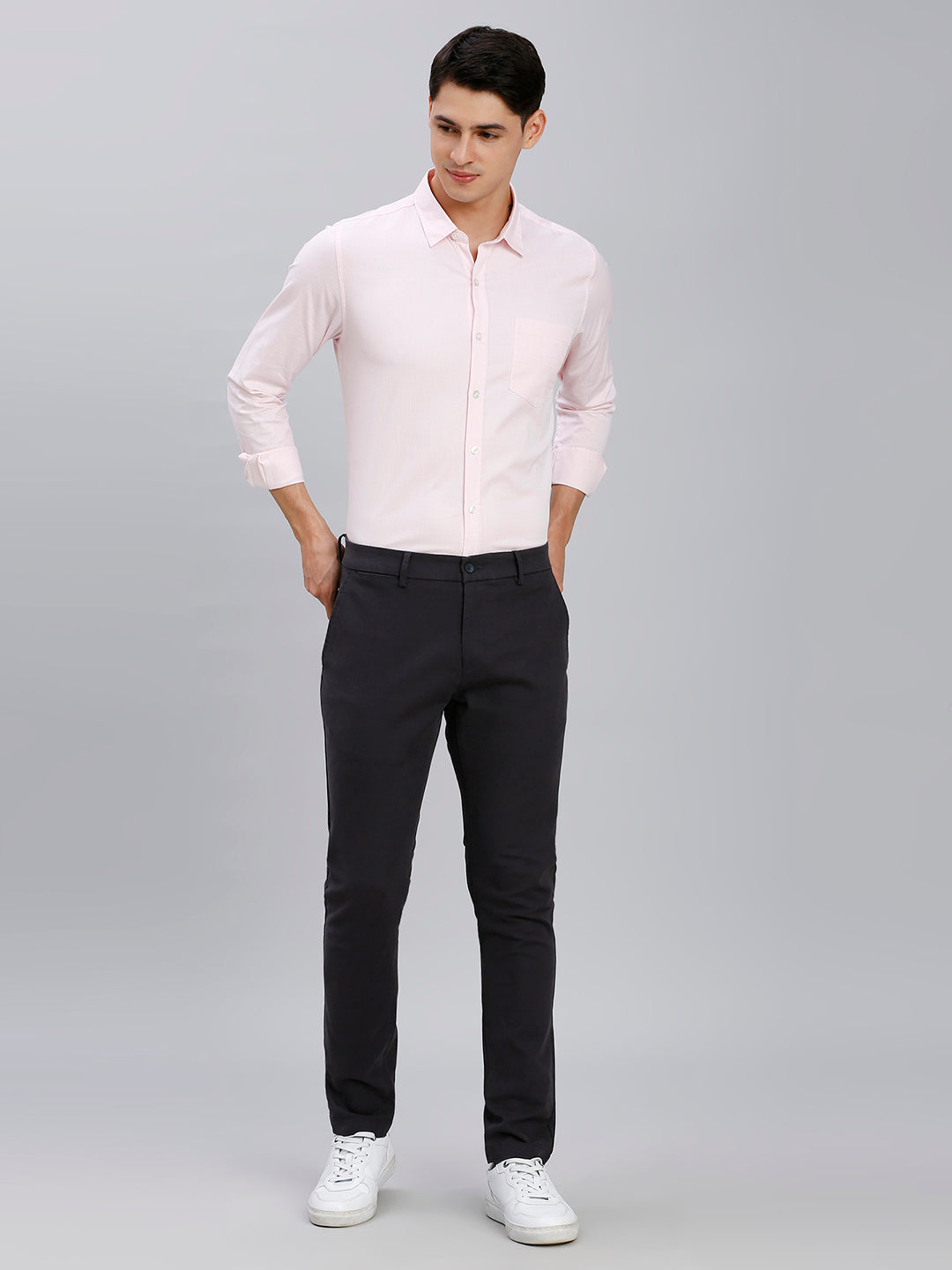 Grey Plain Cotton Elastane Slim Fit Casual Cross Pocket Chino