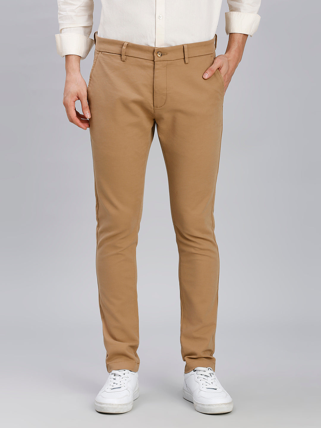 Khakhi Plain Cotton Elastane Tailor Fit Casual Cross Pocket Chino