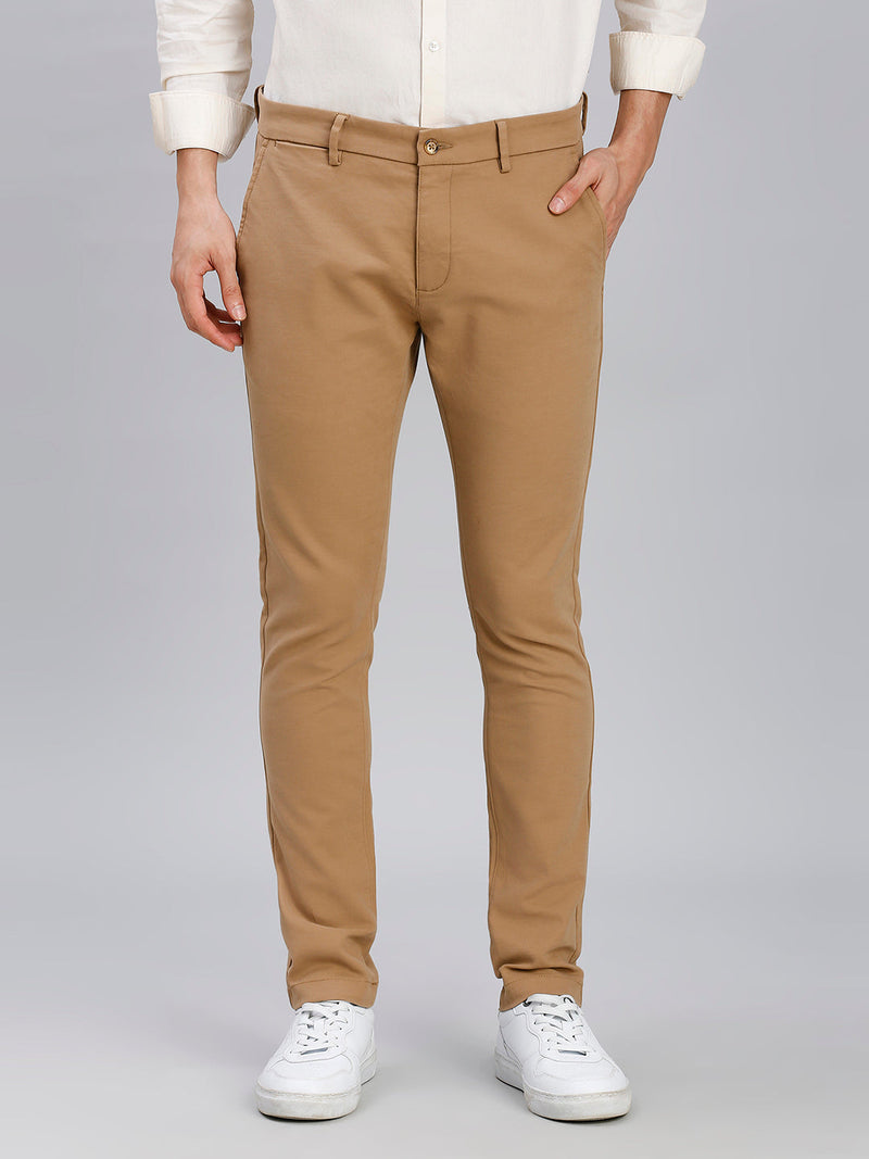 Khakhi Plain Cotton Elastane Slim Fit Casual Cross Pocket Chino