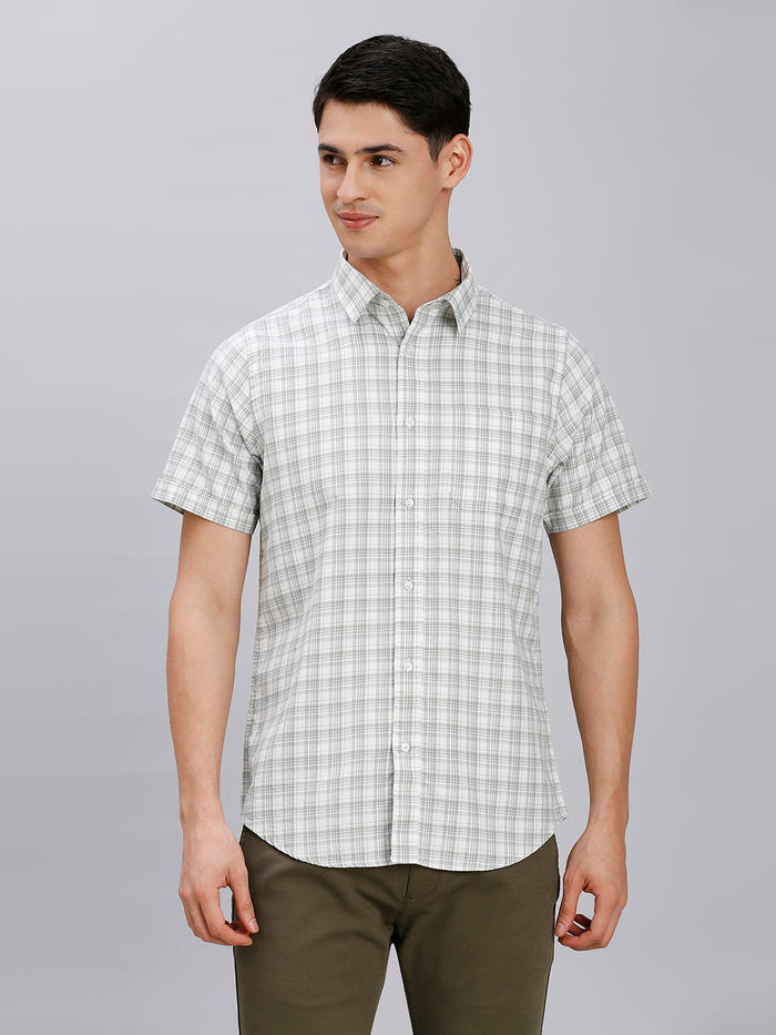 Men's Pure Cotton Checks Slim Fit Half Sleeve Casual Shirt - White & Grey