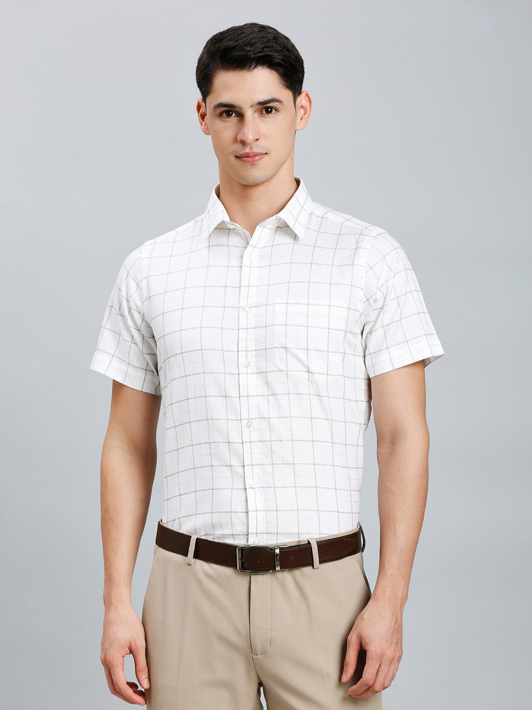 White & Beige Checks 100% Cotton Regular Fit Formal Half Sleeve Shirt