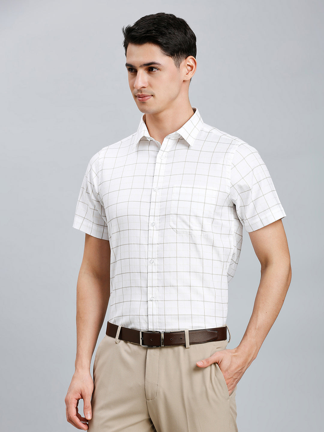 White & Beige Checks 100% Cotton Regular Fit Formal Half Sleeve Shirt