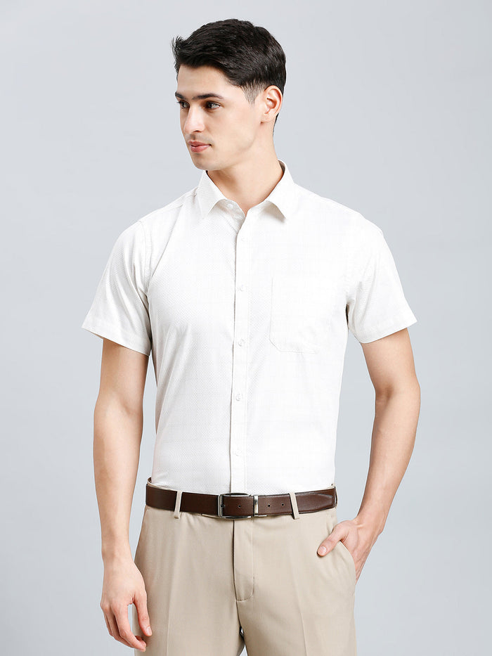 Men's Pure Cotton Dobby Y/D Dobby Y/D Regular Fit Half Sleeve Formal Shirt - White & Beige