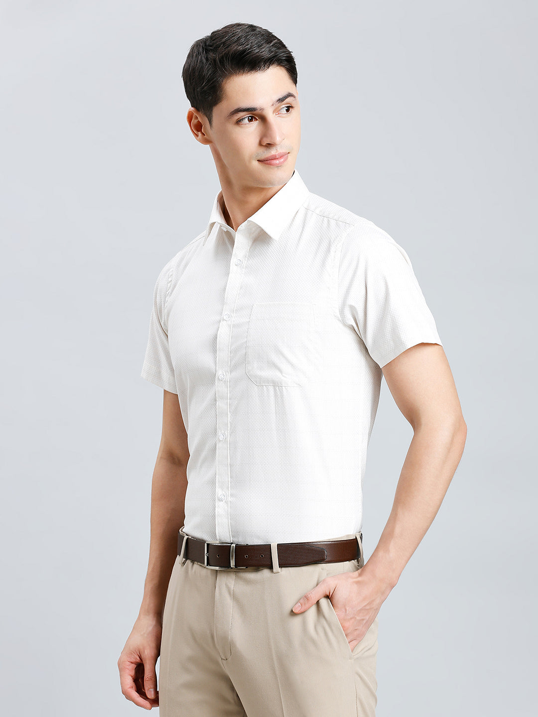 Brown & Beige Dobby Y/D 100% Cotton Regular Fit Formal Half Sleeve Shirt