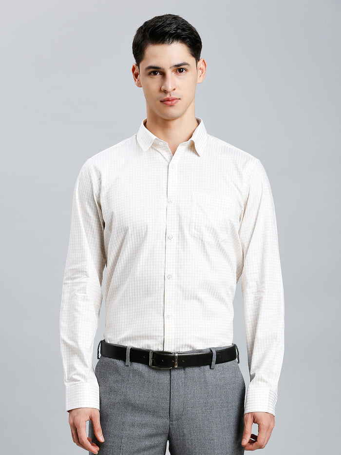 Men's Pure Cotton Checks Regular Fit Full Sleeve Formal Shirt - White & Brown