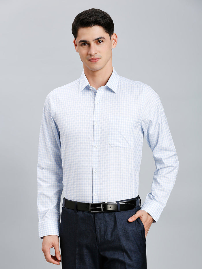 Men's Pure Cotton Checks Slim Fit Full Sleeve Formal Shirt - White & Blue