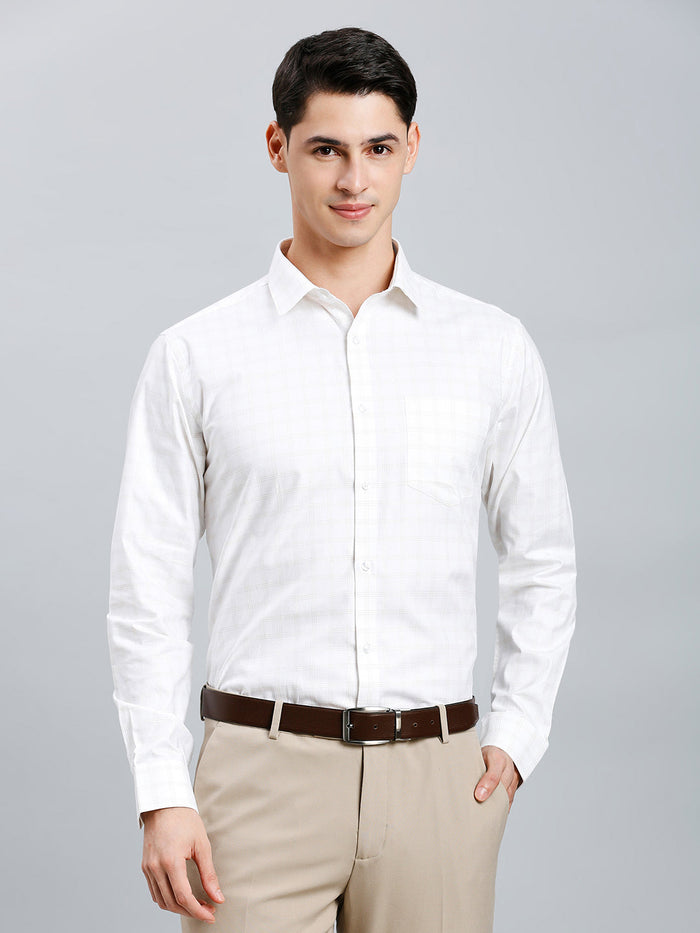 Men's Pure Cotton Dobby Checks Dobby Checks Regular Fit Full Sleeve Formal Shirt - White & Brown