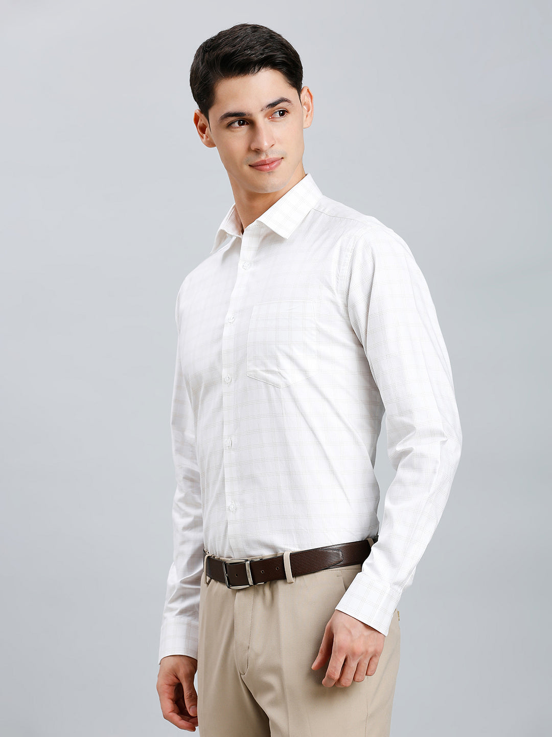 White & Brown Dobby Checks 100% Cotton Regular Fit Formal Full Sleeve Shirt