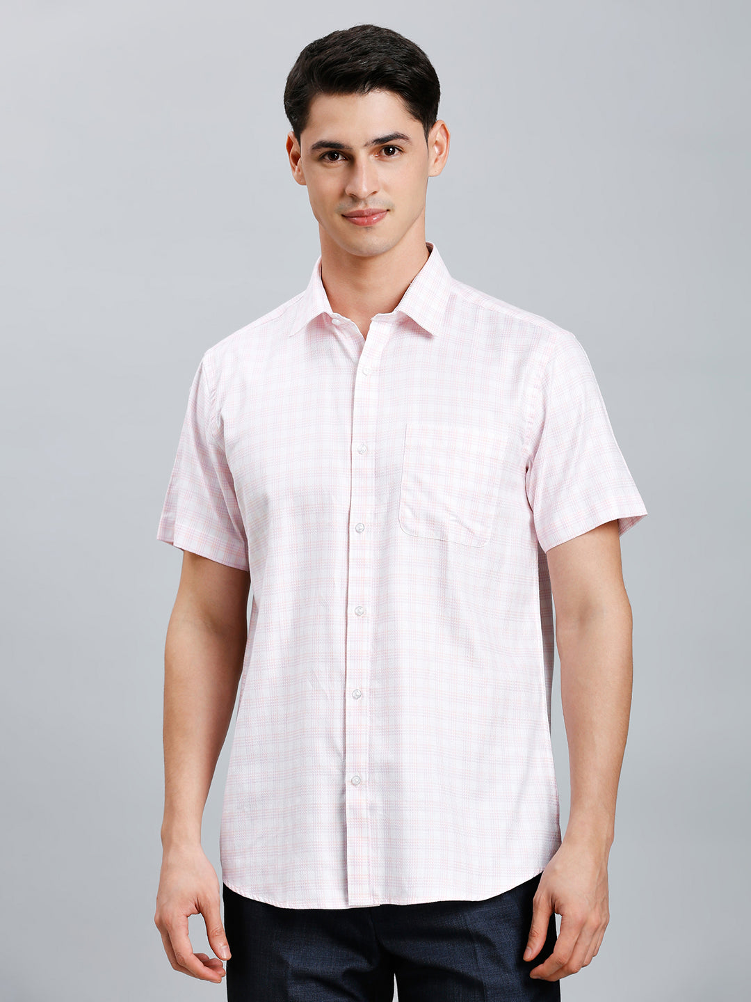 Pink & Purple Dobby Checks 100% Cotton Regular Fit Formal Half Sleeve Shirt