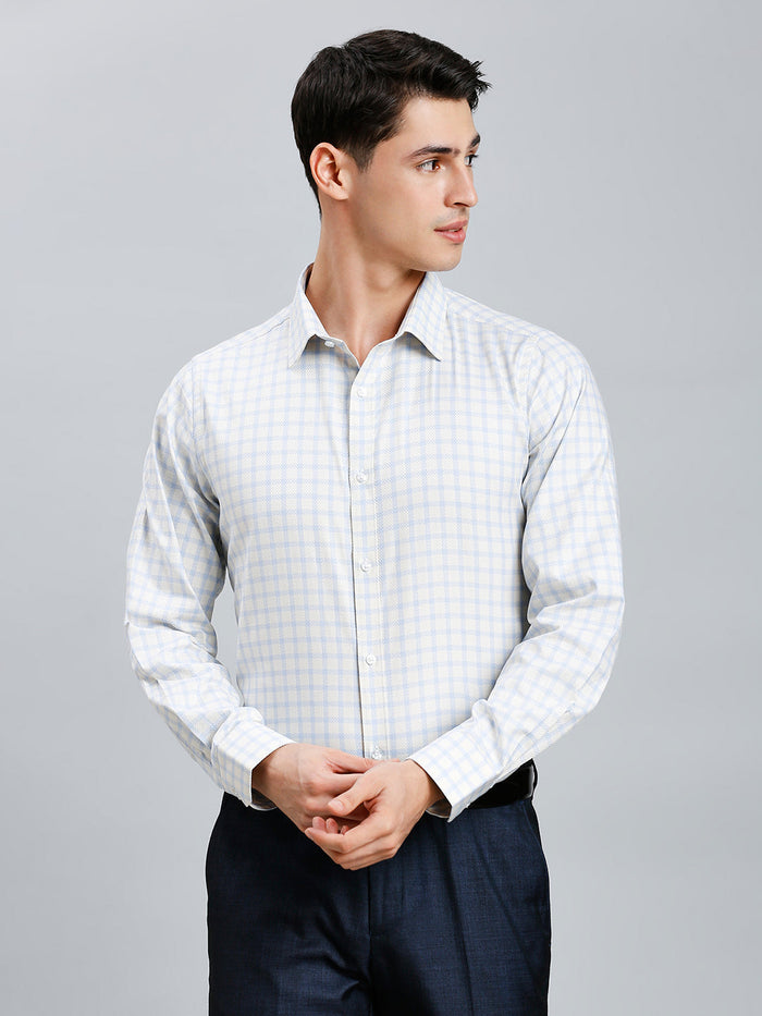 Men's Pure Cotton Dobby Checks Dobby Checks Slim Fit Full Sleeve Formal Shirt - White & Blue