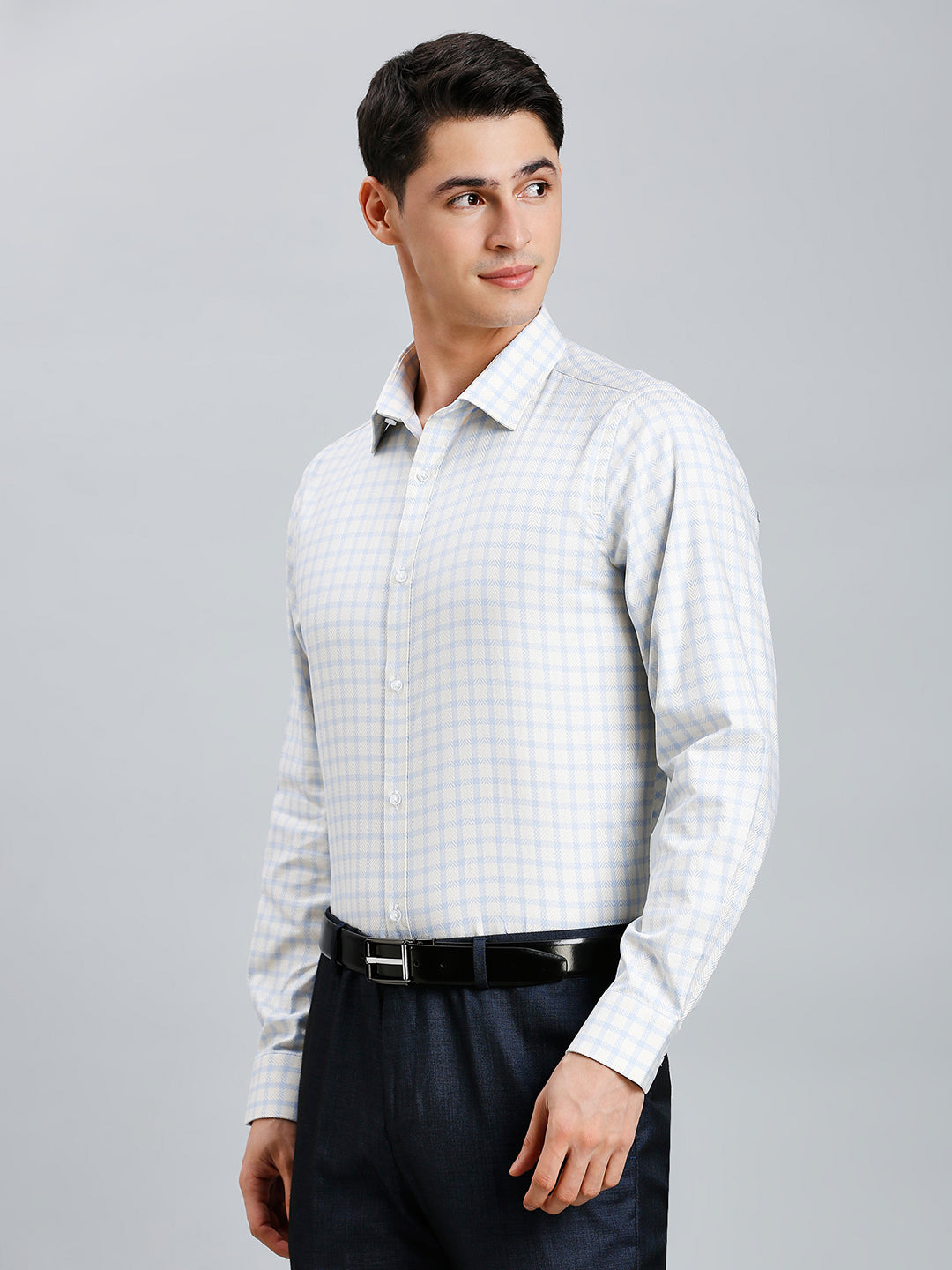 Beige & Blue Dobby Checks 100% Cotton Slim Fit Formal Full Sleeve Shirt