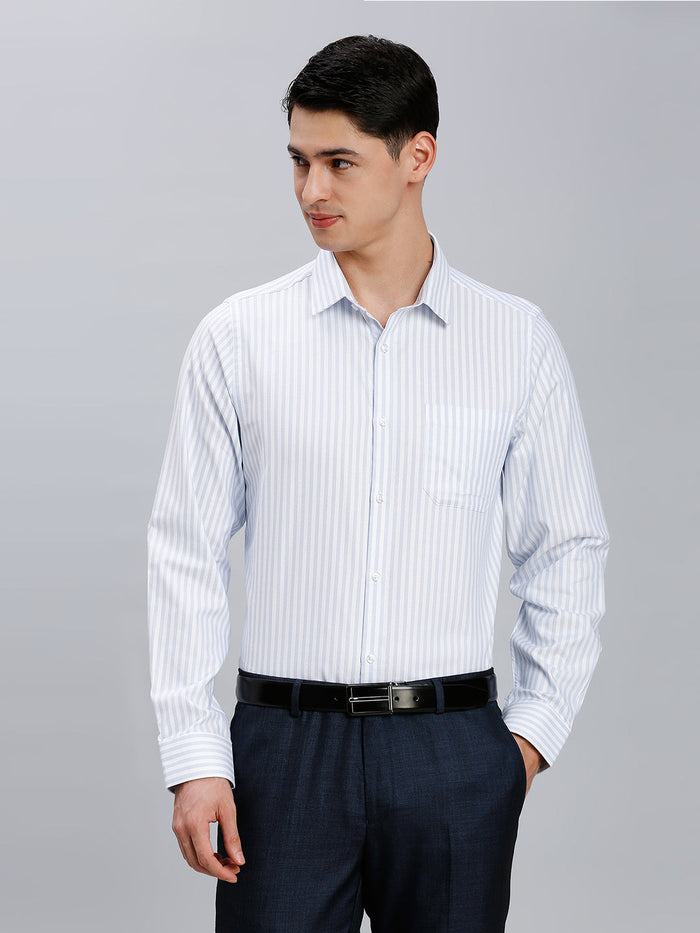 Men's Pure Cotton Dobby Stripe Dobby Stripe Slim Fit Full Sleeve Formal Shirt - White & Blue