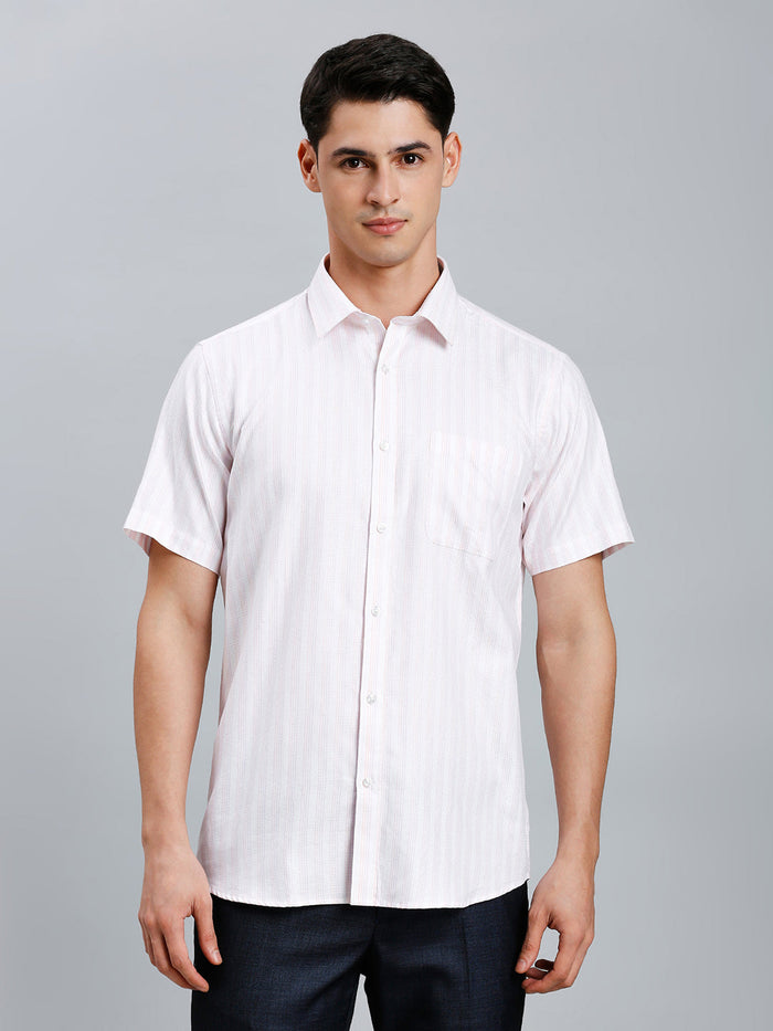 Men's Pure Cotton Stripe Stripe Regular Fit Half Sleeve Formal Shirt - White & Pink