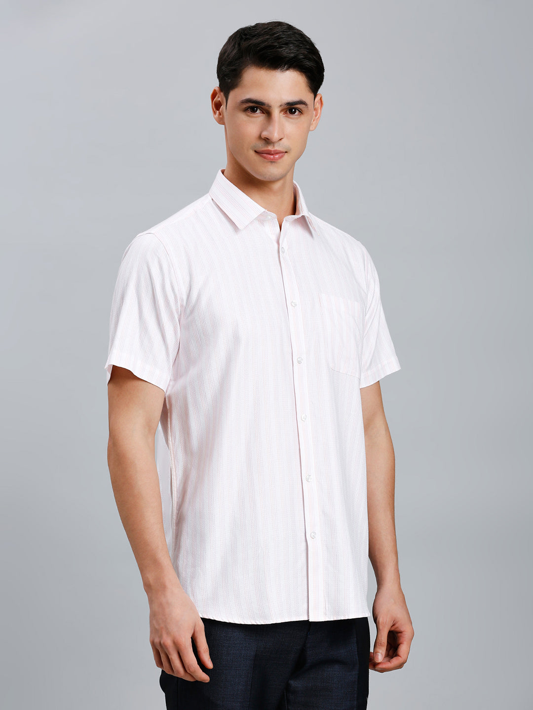 White & Pink Stripe 100% Cotton Regular Fit Formal Half Sleeve Shirt