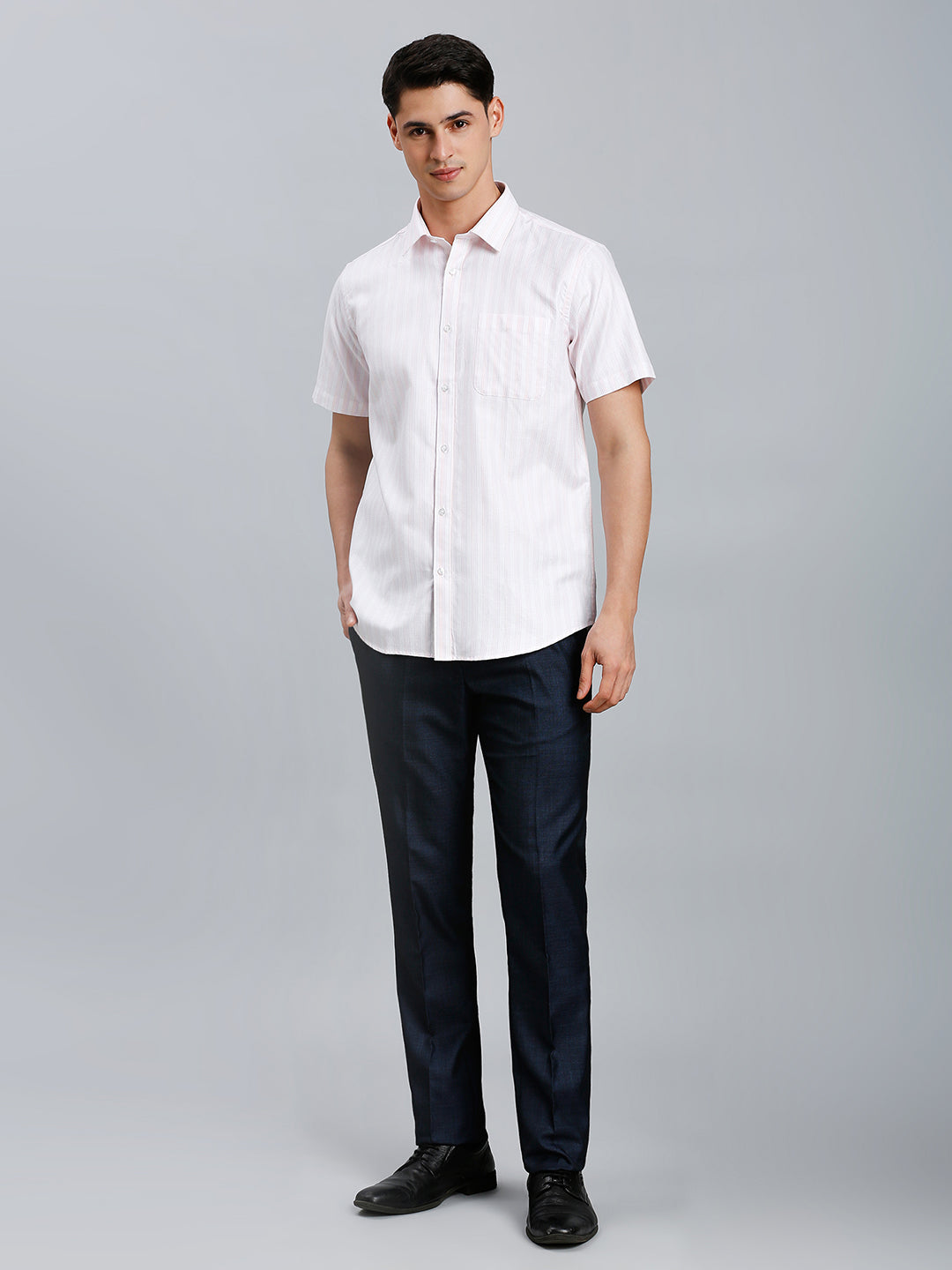 White & Pink Stripe 100% Cotton Regular Fit Formal Half Sleeve Shirt
