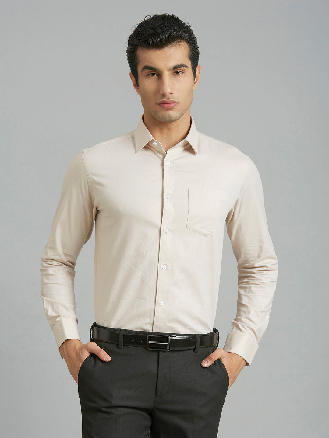 Beige Dobby Y/D 100% Cotton Regular Fit Formal Full Sleeve Shirt