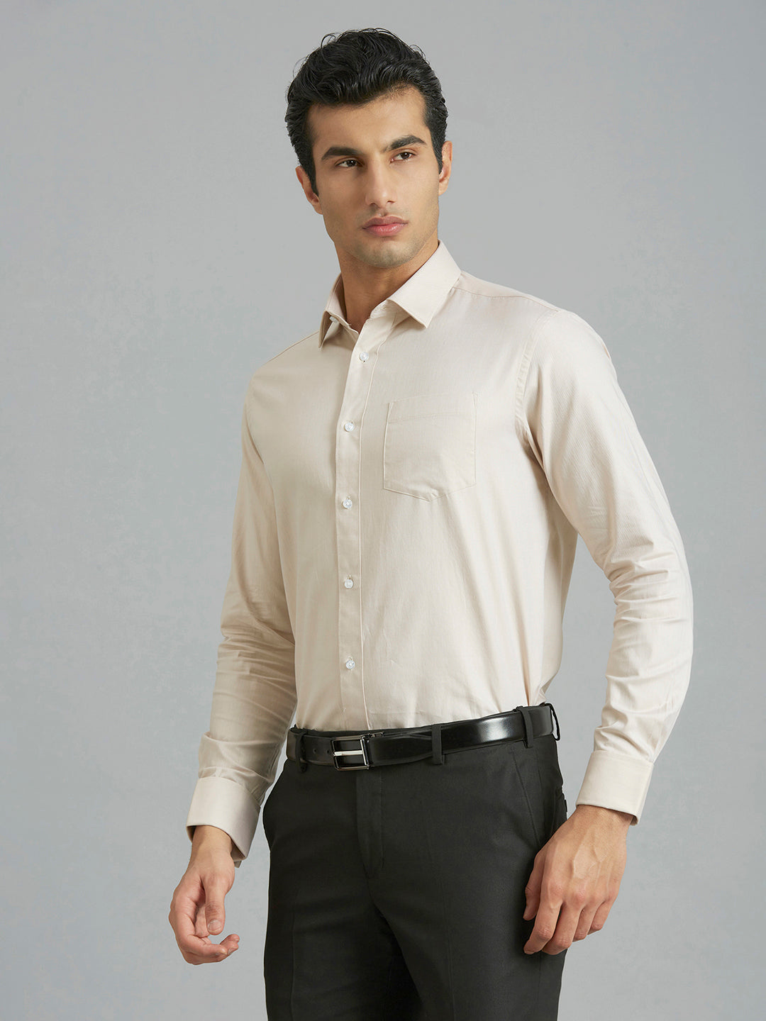 Beige Dobby Y/D 100% Cotton Regular Fit Formal Full Sleeve Shirt