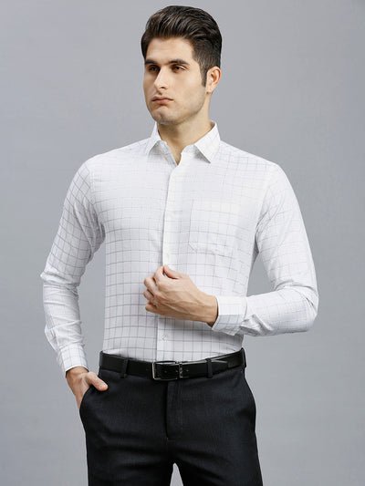 Sophisticated White & Navy Checks Pima Cotton Regular Fit Formal Full Sleeve Shirt