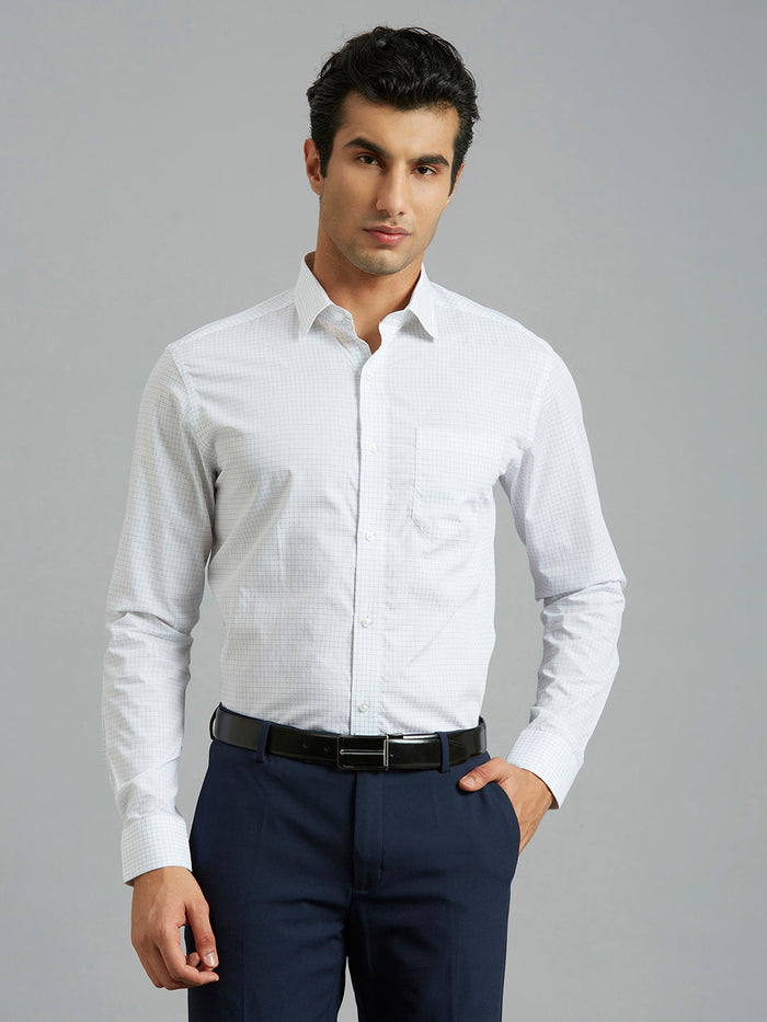 Men's Pure Cotton Checks Regular Fit Full Sleeve Formal Shirt - White & Blue