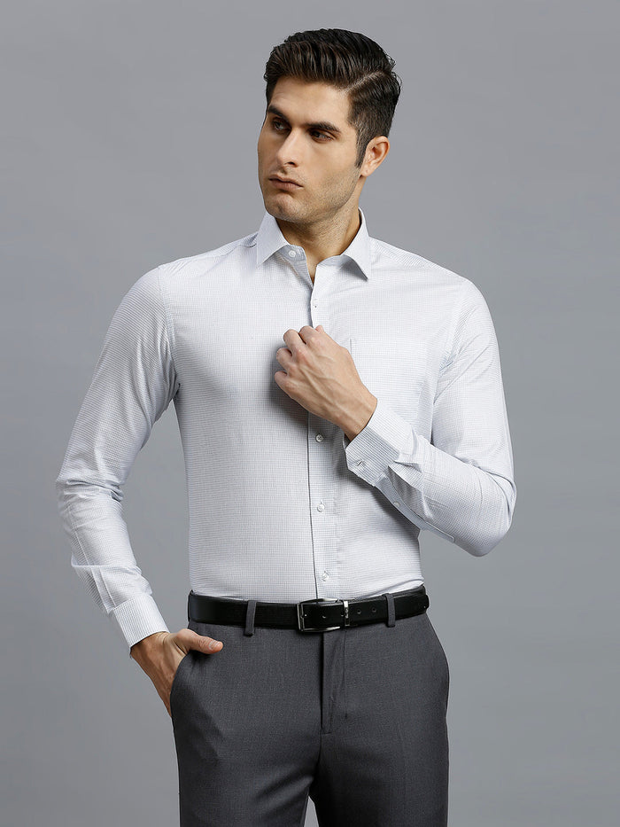 Men's Pure Cotton Checks Regular Fit Full Sleeve Formal Shirt - White & Blue