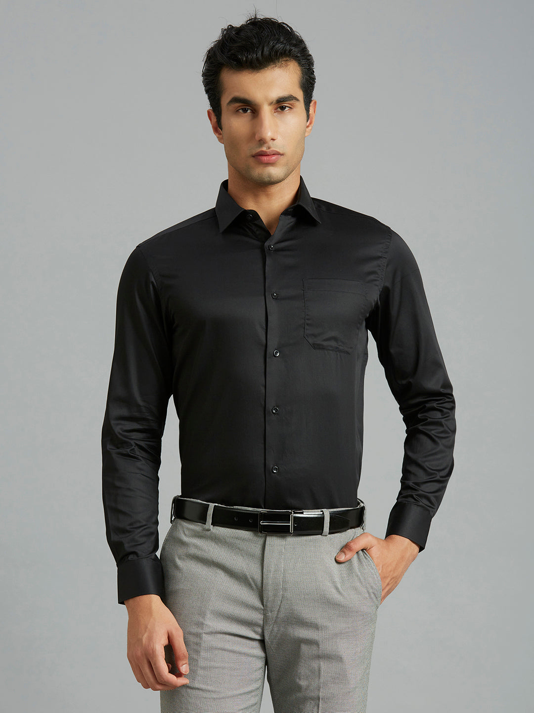 Black Solid Pima Cotton Regular Fit Formal Full Sleeve Shirt