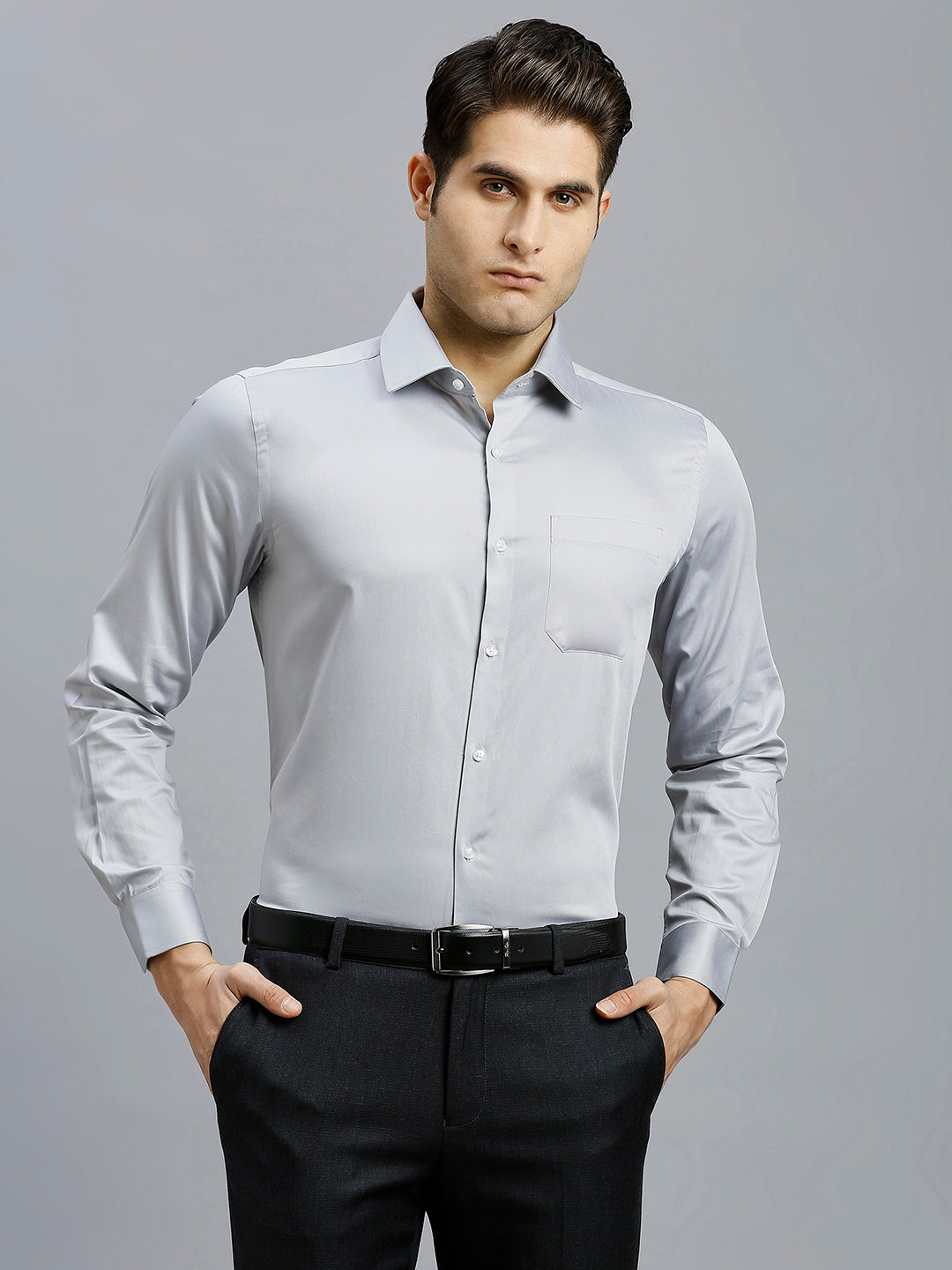 Grey Solid Gizacotton Regular Fit Formal Full Sleeve Shirt