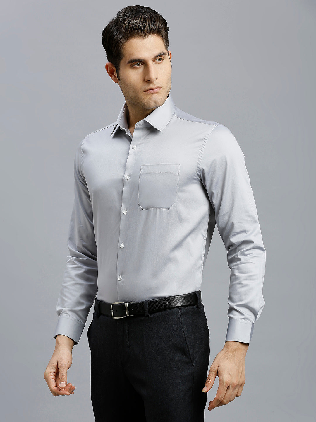 Grey Solid Gizacotton Regular Fit Formal Full Sleeve Shirt