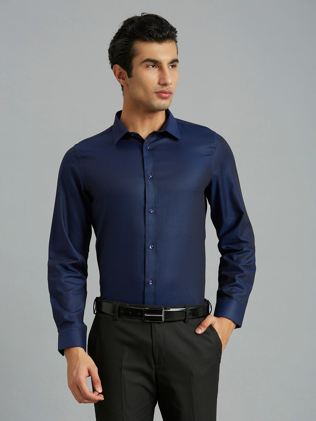 Modern Dark Blue Solid 100% Cotton Slim Fit Formal Full Sleeve Shirt