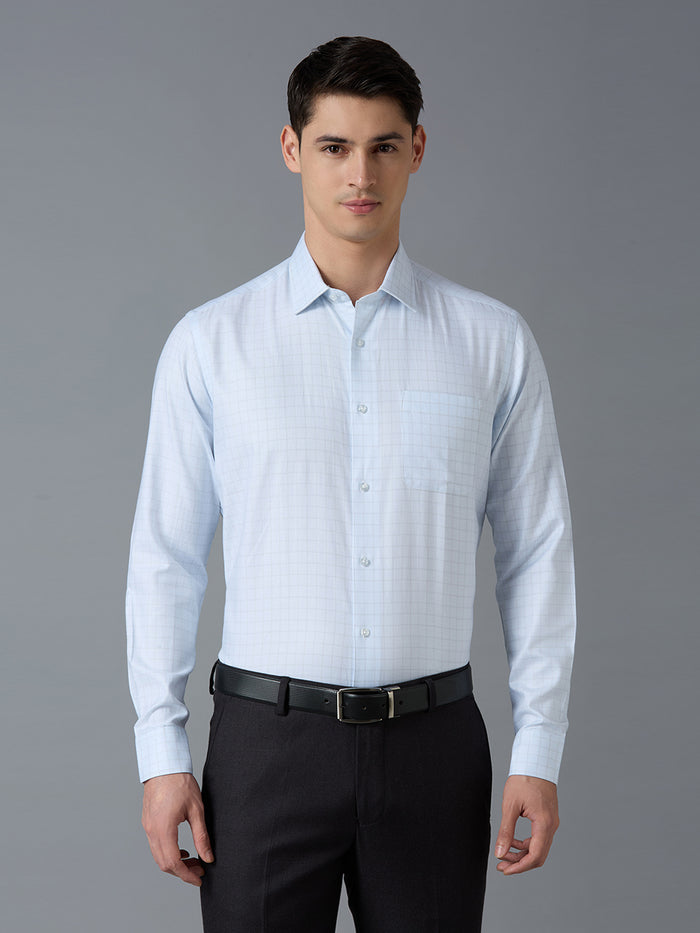 Men's Pure Cotton Checks Regular Fit Full Sleeve Formal Shirt - White & Blue