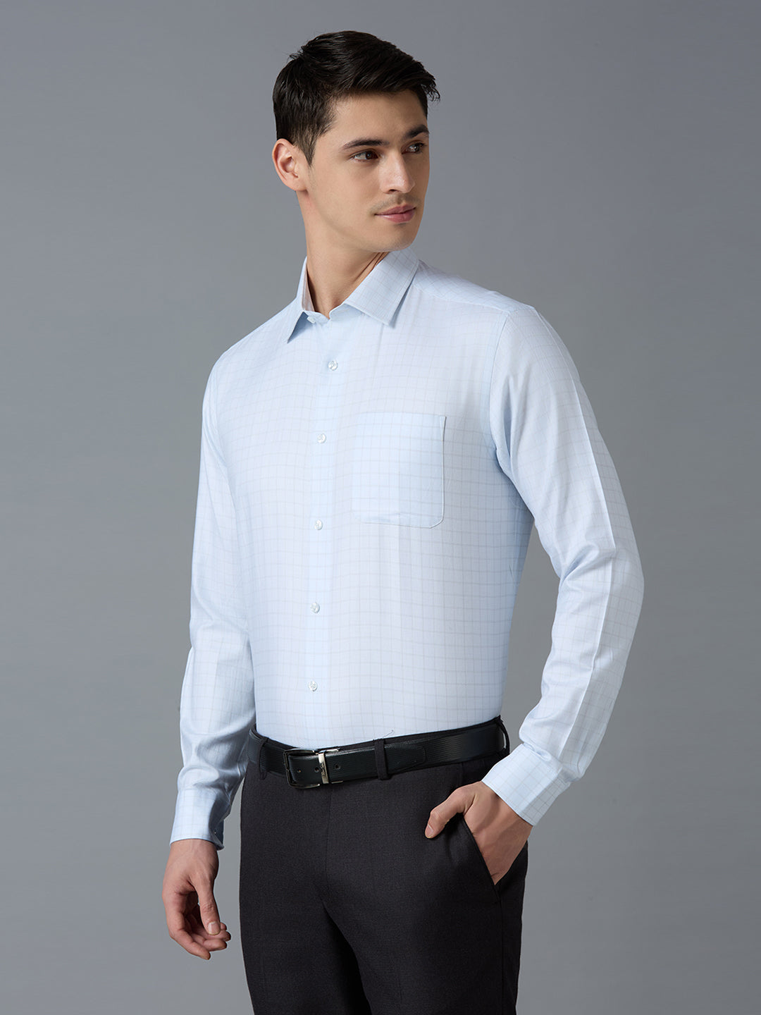 White & Light Blue & Grey Checks 100% Cotton Regular Fit Formal Full Sleeve Shirts