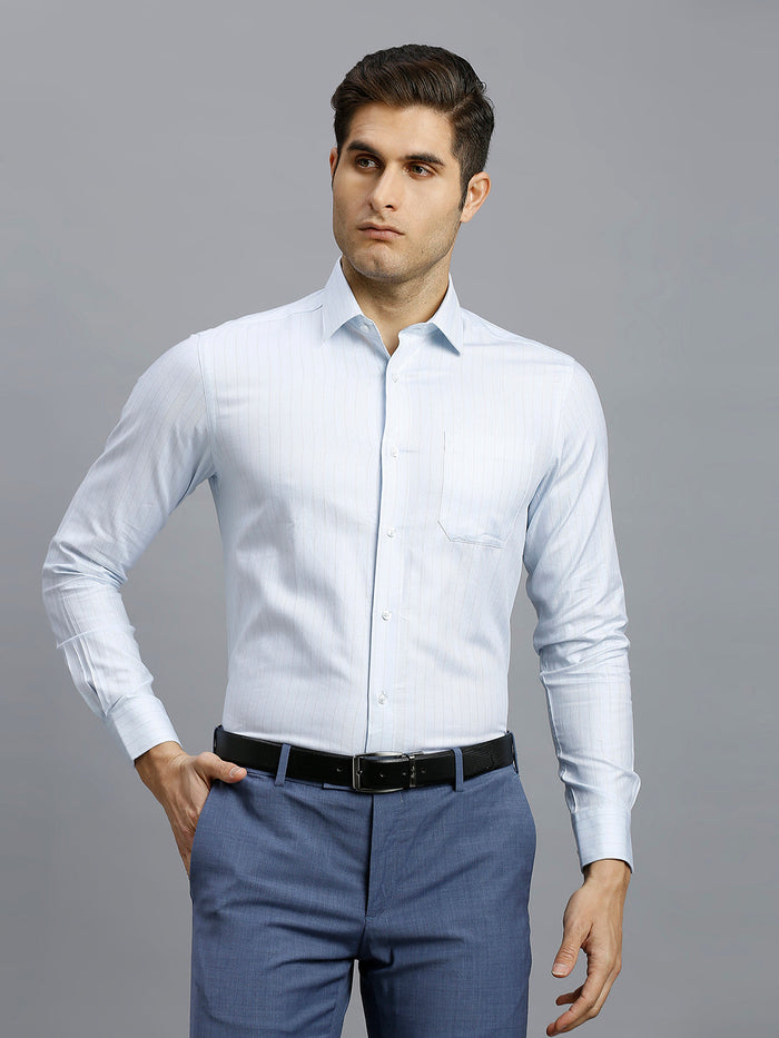 Men's Pure Cotton Dobby Stripe Dobby Stripe Regular Fit Full Sleeve Formal Shirt - White & Blue