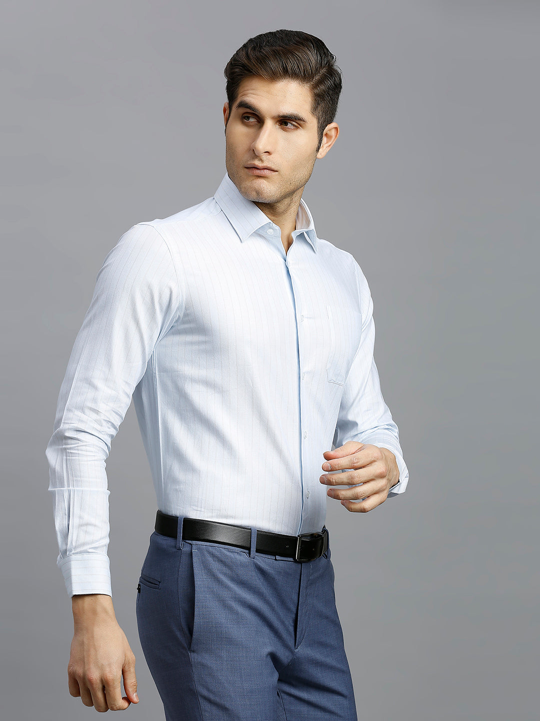 White & Light Blue & Grey Dobby Stripe 100% Cotton Regular Fit Formal Full Sleeve Shirt