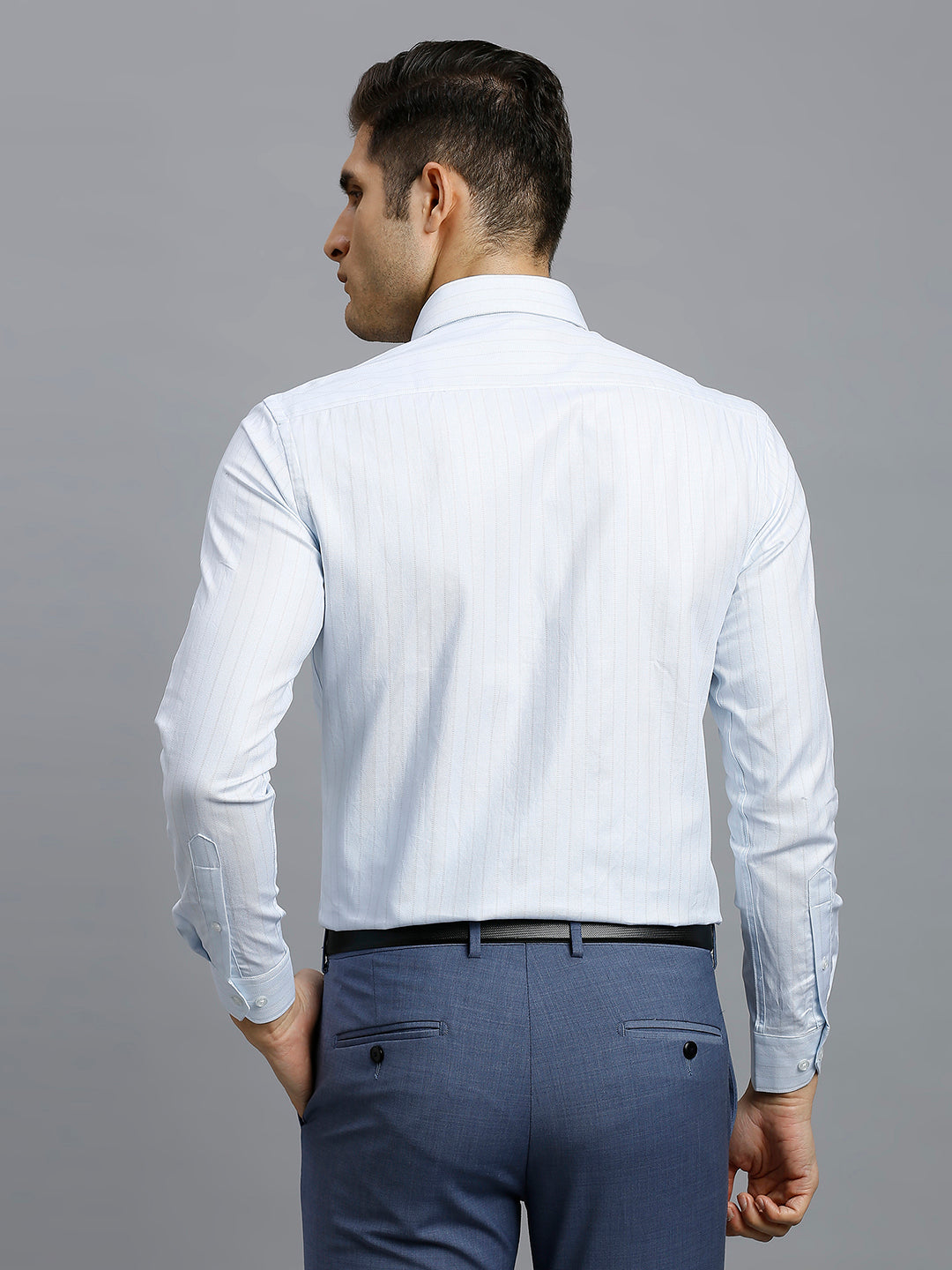 White & Light Blue & Grey Dobby Stripe 100% Cotton Regular Fit Formal Full Sleeve Shirt