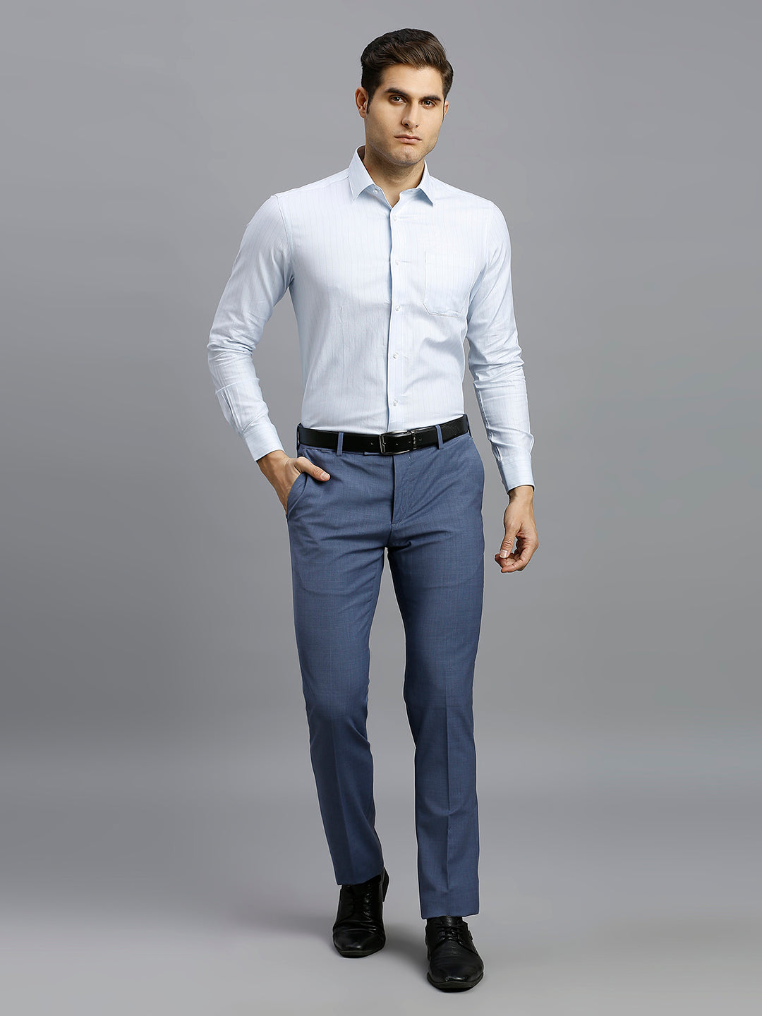 White & Light Blue & Grey Dobby Stripe 100% Cotton Regular Fit Formal Full Sleeve Shirt