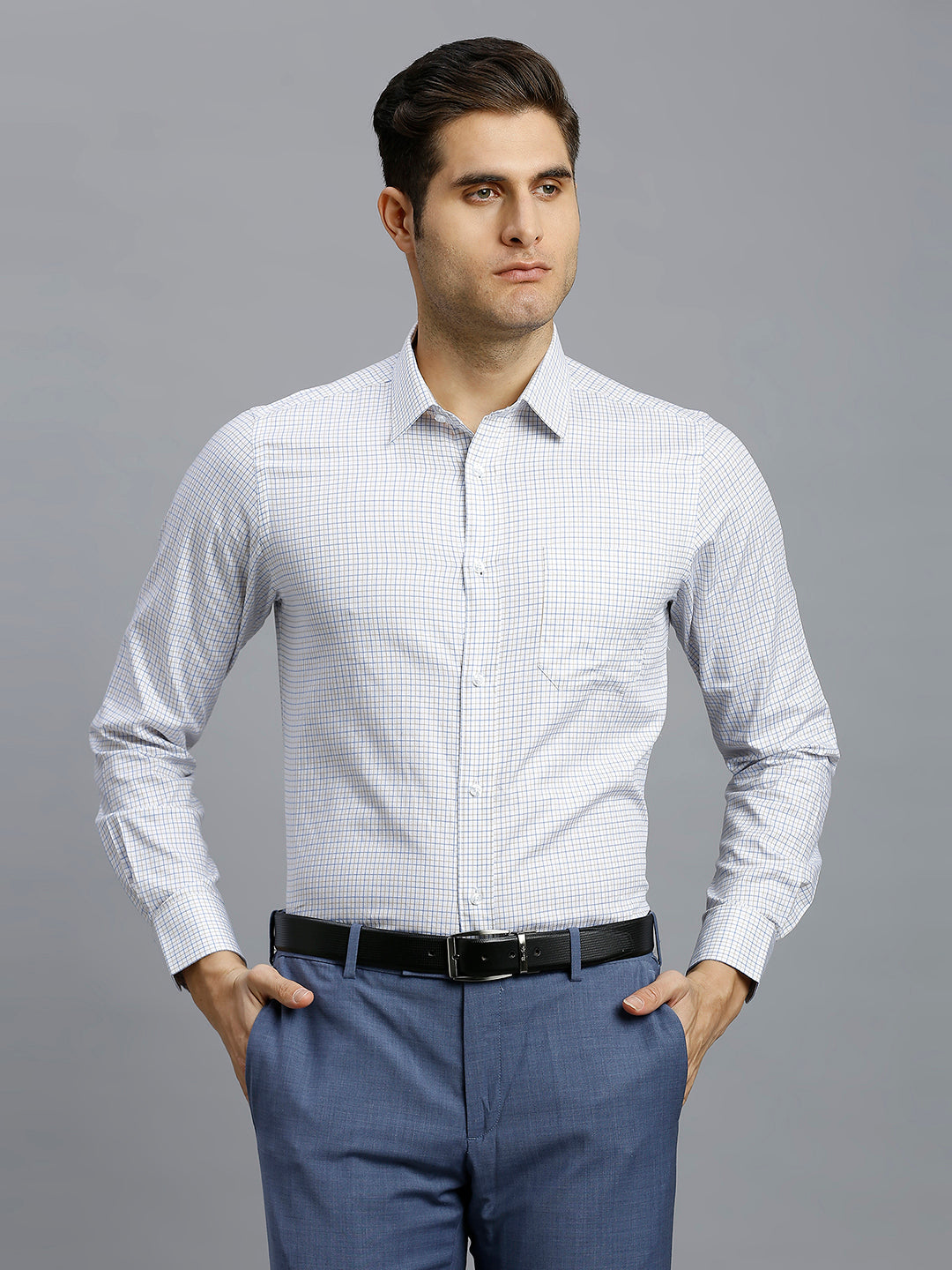 White & Beige & Blue Checks 100% Cotton Slim Fit Formal Full Sleeve Shirt