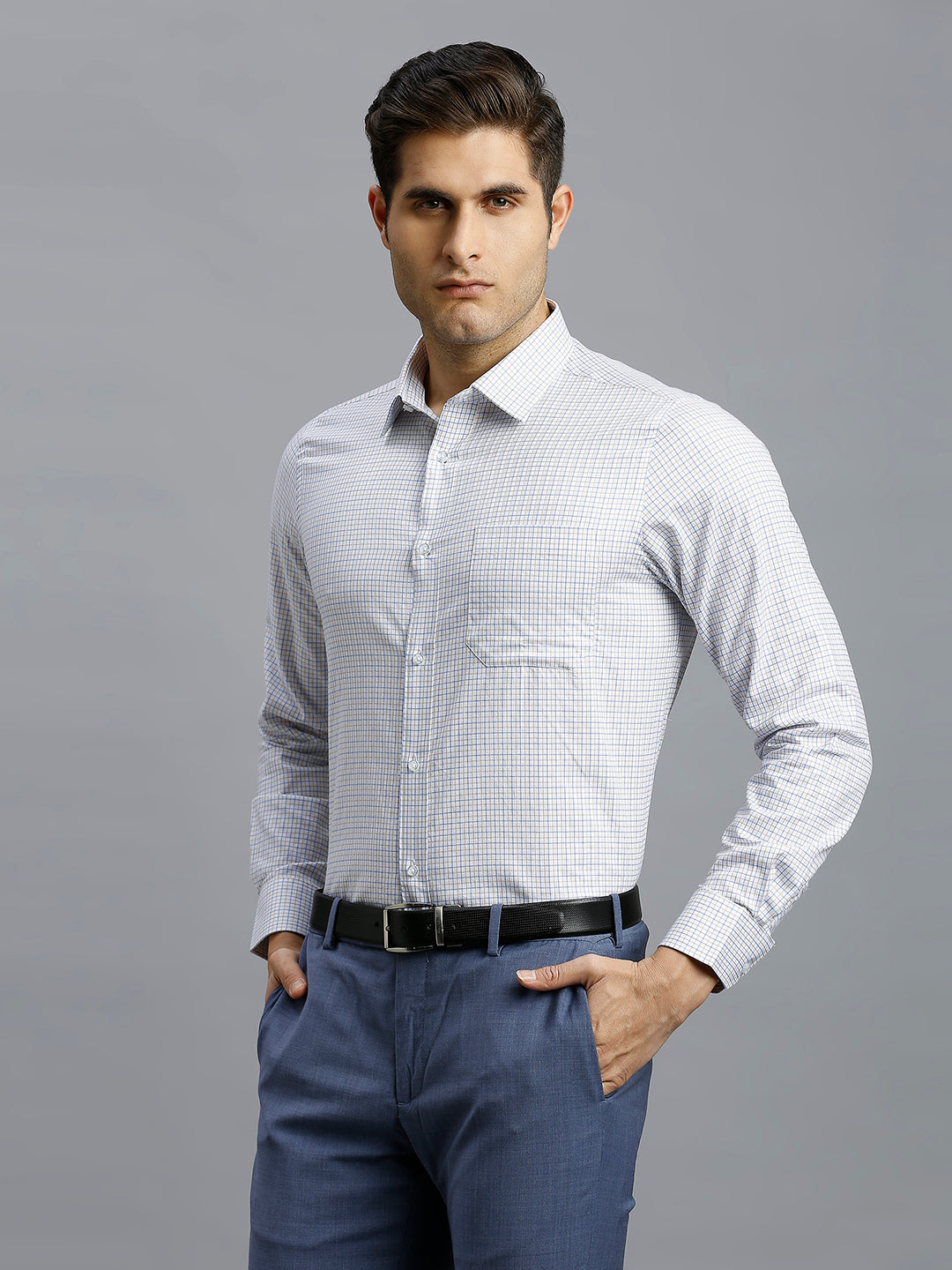 White & Beige & Blue Checks 100% Cotton Slim Fit Formal Full Sleeve Shirt