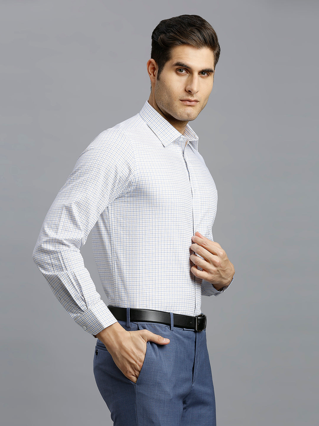 White & Beige & Blue Checks 100% Cotton Slim Fit Formal Full Sleeve Shirt