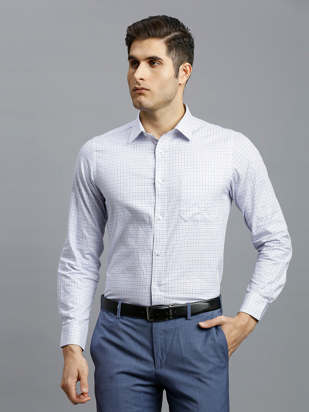 White & Blue & Light Purple Checks 100% Cotton Slim Fit Formal Full Sleeve Shirt