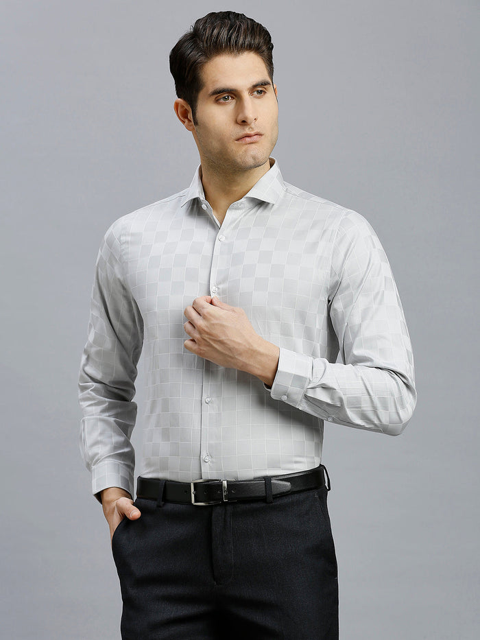 Men's Pure Cotton Checks Slim Fit Full Sleeve Formal Shirt - Light Grey