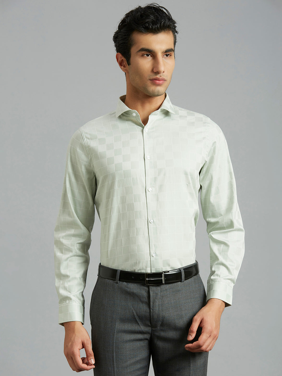 Light Green Checks 100% Cotton Slim Fit Formal Full Sleeve Shirt