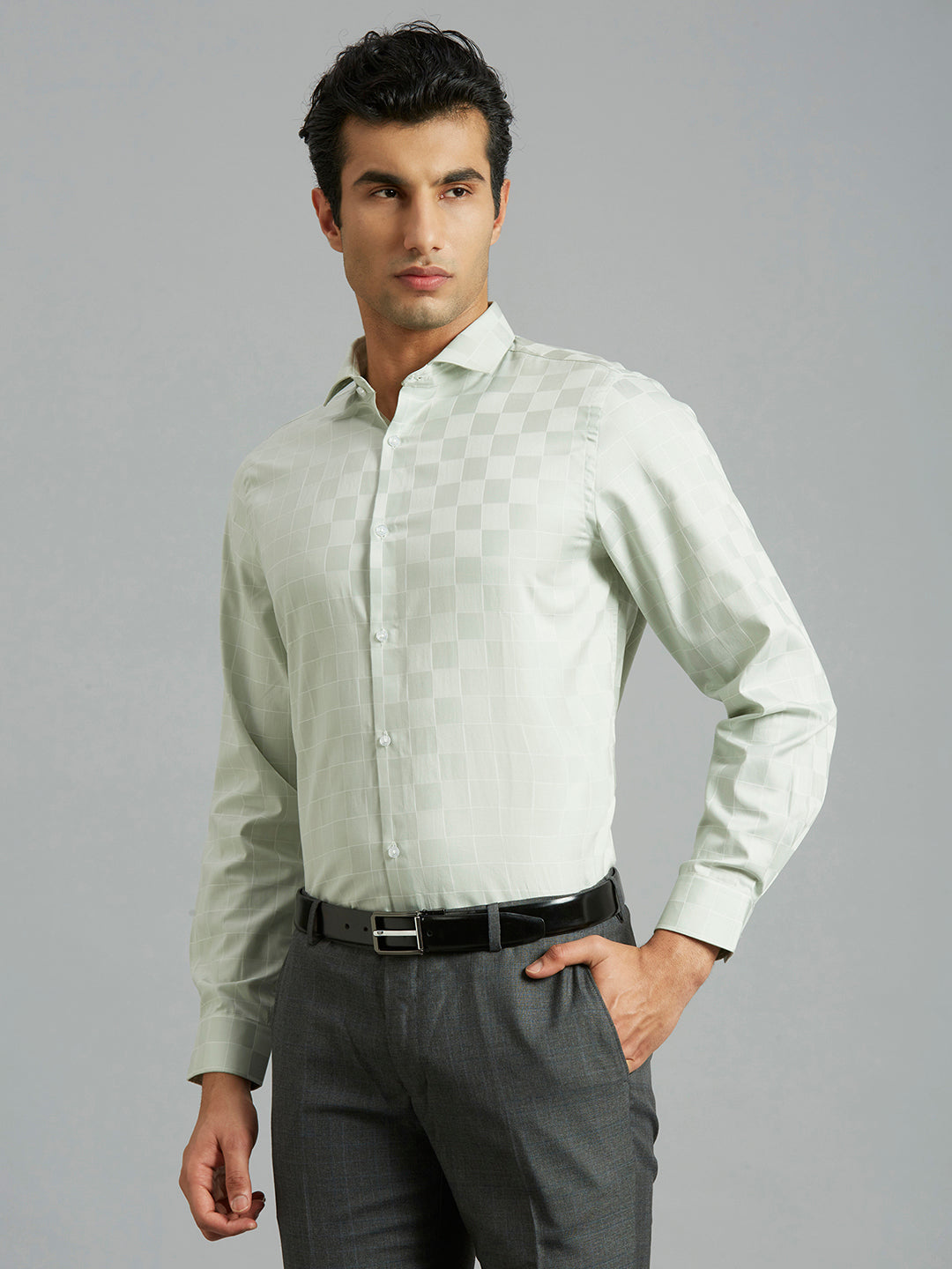 Light Green Checks 100% Cotton Slim Fit Formal Full Sleeve Shirt