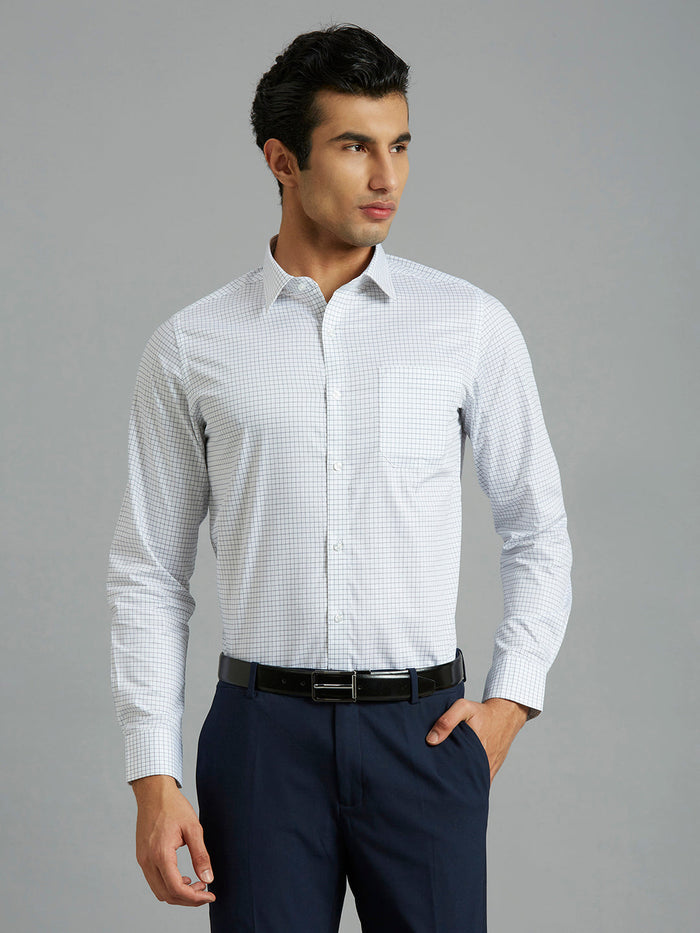 Men's Pure Cotton Checks Slim Fit Full Sleeve Formal Shirt - White & Blue