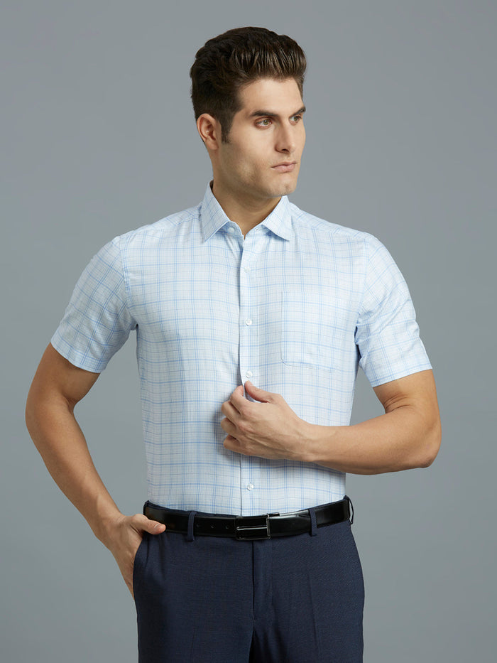Men's Pure Cotton Checks Regular Fit Half Sleeve Formal Shirt - White & Blue
