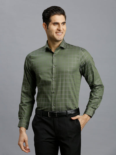 Olive Checks 100% Cotton Slim Fit Formal Full Sleeve Shirt