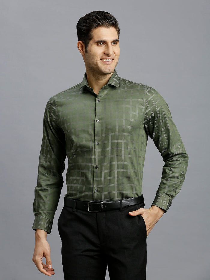 Men's Pure Cotton Checks Slim Fit Full Sleeve Formal Shirt - Green