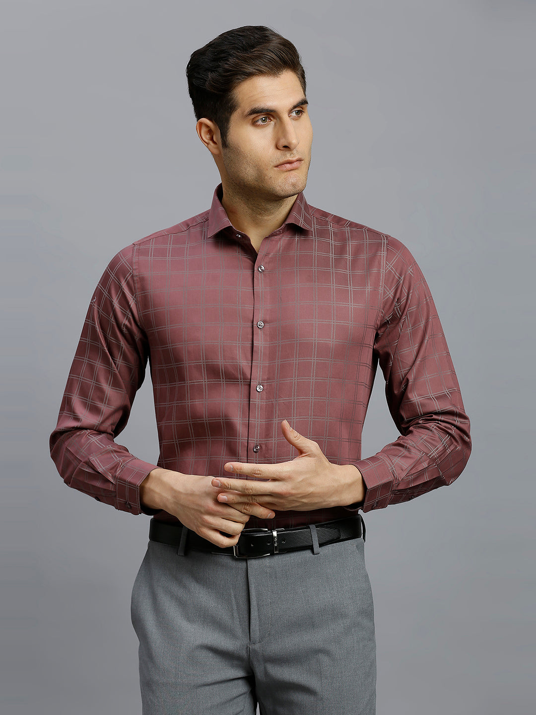 Wine Checks 100% Cotton Slim Fit Formal Full Sleeve Shirt