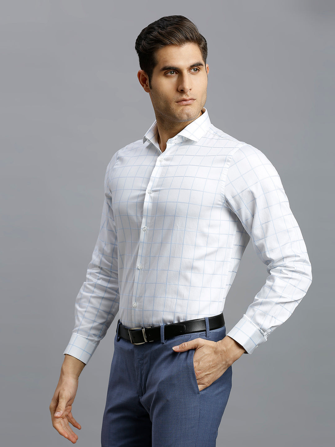 Polished White & Light Blue Checks 100% Cotton Slim Fit Formal Full Sleeve Shirt