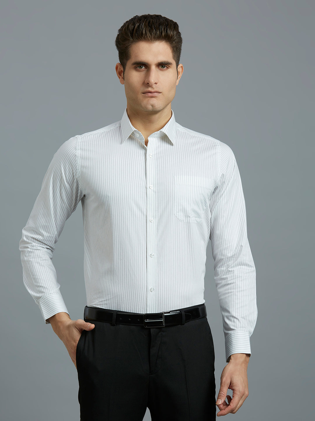 White & Black Stripe 100% Cotton Slim Fit Formal Full Sleeve Shirt