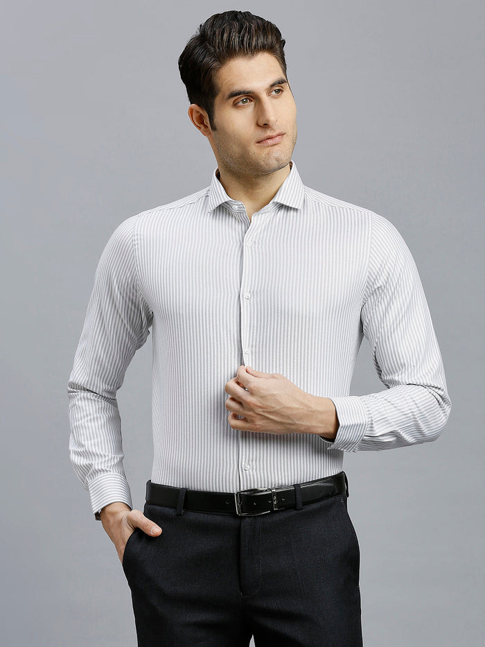 Men's Pure Cotton Dobby Stripe Dobby Stripe Slim Fit Full Sleeve Formal Shirt - White & Purple