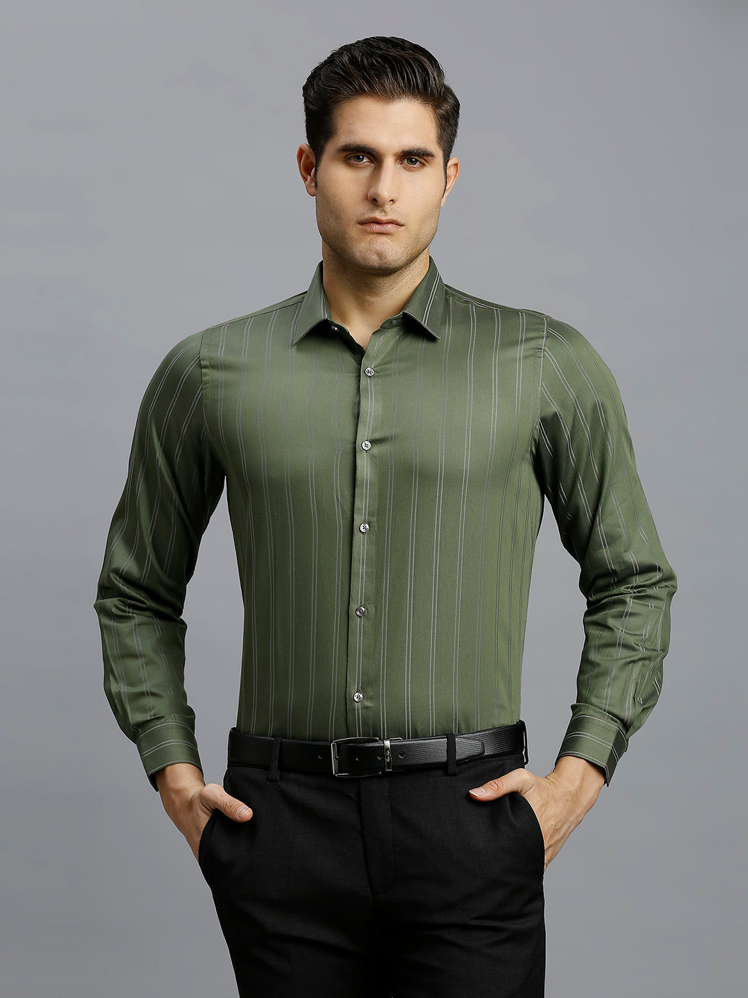 Olive Stripe 100% Cotton Slim Fit Formal Full Sleeve Shirt